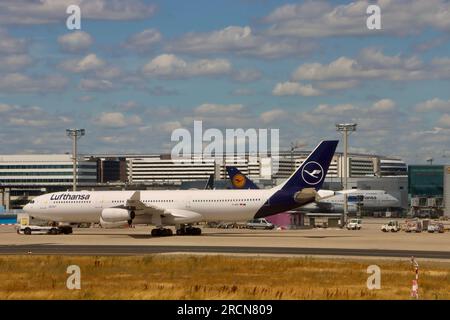 Lufthansa planes at Frankfurt airport in Germany. Stock Photo