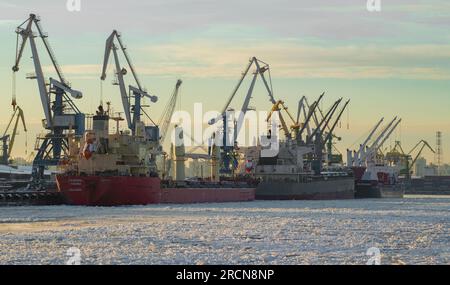 SAINT PETERSBURG, RUSSIA - DECEMBER 10, 2021: December morning in the Big Cargo Port Stock Photo