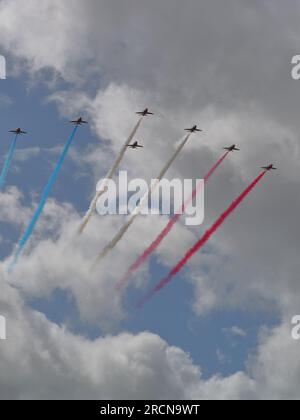 The Red Arrows performed their display with only 7 aircraft at the Royal International Air Tattoo 2023 at RAF Fairford, Gloucestershire, UK Stock Photo