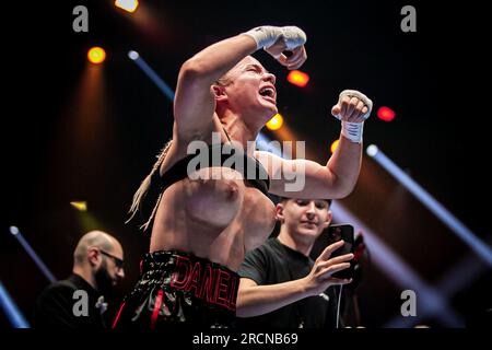 DUBLIN, IRELAND - JULY 15: Daniella Hemsley celebrates her victory over