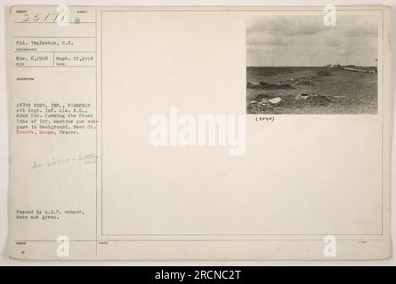 Cpl. Ingleston from the H 167th Regiment INF, formerly the 4th Regiment INF Ala. N.G., is seen in this photograph taken near St. Benoit, Meuse, France on November 6, 1918. The picture shows the 42nd Division forming the front line of infantry with a machine gun outpost in the background. This photograph has been approved by the A.E.P. censor. Stock Photo