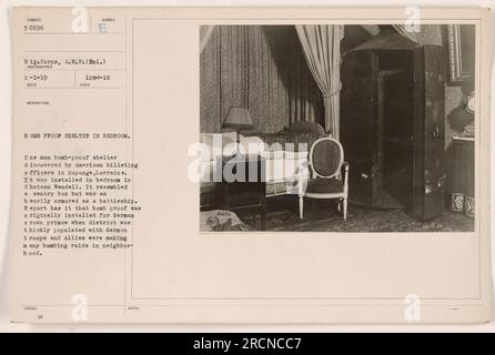 'Bomb-proof shelter discovered in Hayange,Lorraine. Installed in bedroom of Chateau Wendell, resembling a sentry box but heavily armored. Originally built for German crown prince during World War 1 when the area was populated with German troops and subjected to frequent bombing raids by the Allied forces.' Stock Photo