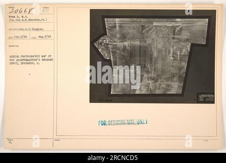 Arial photographic map of the Quartermaster's Storage Depot in Columbus, Ohio. This image was taken on August 3, 1918, by photographer Lt. C. C. Ziegler. The purpose of the map was for official use only. The PHOTOGRAPHERLt. C. C. Ziegler Recommended (RECO) use of the map on October 2, 1918. Stock Photo