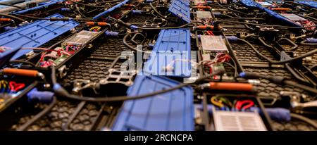 electronics and wiring from modules of a video wall, view from the back Stock Photo