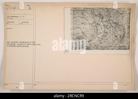 Map displaying the concentration of American military forces for the St. Mihiel operation on September 12th, 1918 in Vincennes, Seine, France. Photograph taken by Cpl. Behrens. It was issued in the Reco Description on March 27th, 1919, with the identification number 02. Also described in notes as a sport. Stock Photo