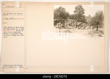 Vast stores of empty boxes and cans piled up at Camp Merritt, N.J., indicating the significant amount of equipment acquired by military units departing for overseas duties during World War I. Information authenticated and released by the M.I.B. Censor on August 23, 1918. Lt. William Fox of the Signal Corps captured and documented the scene on July 26, 1918. Stock Photo