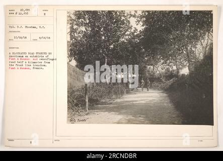 American soldiers stand guard on a blocked road near Pont A Mouson, France during World War I. The road is camouflaged and located half a kilometer from the front line trenches. This photograph was taken on August 14, 1918, by Corporal D.J. Sheehan of the Signal Corps. #20495. Stock Photo