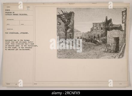 Captain Ernest Peixotte's drawing, titled 'The Crossroads, Apremont,' depicts a heavily fortified area that was part of the German front line during World War One. The crossroad shown in the image served as a strategic position for machine guns. In the foreground, on the right side, there is the entrance to a machine gun emplacement. Stock Photo