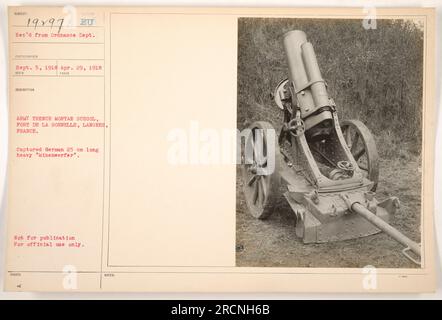 Soldiers practicing with a captured German 25 cm long heavy 'Minenwerfer' at the Army Trench Mortar School in Fort de la Bonnelle, Langres, France during World War One. This photo was taken on September 5, 1918 and received from the Ordnance Department on April 29, 1918. It is not for publication and is intended for official use only. Stock Photo