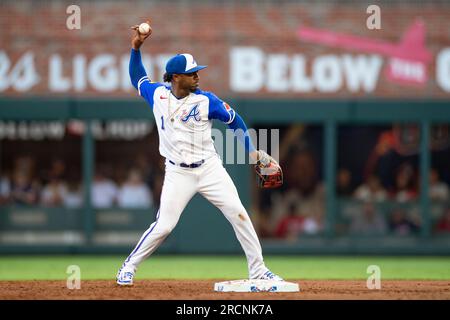 Atlanta Braves second baseman Ozzie Albies (1) throws the ball to first base during a MLB regular season game between the Chicago White Sox and Atlant Stock Photo