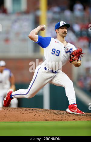 Atlanta Braves starting pitcher Spencer Strider (99) throws to the plate during a MLB regular season game between the Chicago White Sox and Atlanta Br Stock Photo