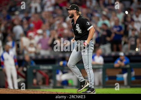 Atlanta, United States. 15th July, 2023. Atlanta Braves starting pitcher Spencer  Strider (99) throws to the plate during a MLB regular season game between  the Chicago White Sox and Atlanta Braves, Saturday