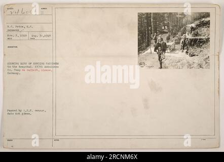 Soldiers transporting injured patients to the hospital at Camp de Galbert, Alsace, Germany during World War One. This image captures one of the methods used by the 137th Ambulance Company to send patients for medical care. The photograph was taken by R.C. Price and passed by the Allied Expeditionary Forces censor. It is undated. Stock Photo