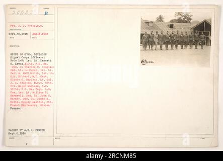 Caption: Group photograph of Signal Corps officers from the 87th Division during World War One. Pictured left to right: 1st Lt. Kenneth G. Lewis, 2nd Lt. Charles H. Douglass, 2nd Lt. Le Royer, 1st Lt. Carl A. McClintick, 1st Lt. S.M. Hibbard, M.D., Capt. Claude C. Bayless, Lt. Col. J. A. Higgins, B.8.0. 87th. Div., Major MacLean, C.O. 110th. F.S. Bn., Capt. L.G. Cox, 1st Lt. William C. Carswell, 2nd Lt. John C. Warner, 2nd Lt. James E. Smith. Taken in Oderen, France on September 30, 1918. Stock Photo