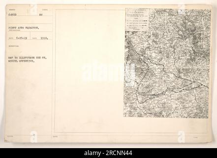 The image shows a map titled 'Map to illustrate the St. Mihiel Offensive.' It was taken by the First Aero Squadron in 1918 as a part of military activities during World War One. The photographer's symbol is 'RU.' This photograph was last accessed on June 26, 1919, and is part of the reconnaissance collection. Stock Photo