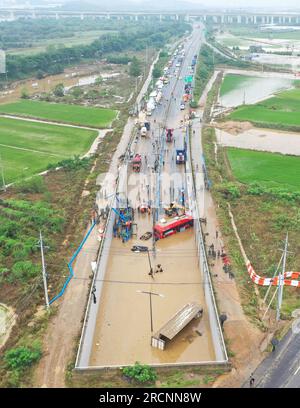 South Korea. 16th July, 2023. (230716) -- SEOUL, July 16, 2023 (Xinhua) -- Rescuers are in operation in Chongju City, North Chungchong Province, South Korea, on July 16, 2023. The Death toll from the torrential rains over the past week in South Korea rose to 33, while 10 others were missing, relevant authorities said on Sunday.According to the central disaster and safety countermeasure headquarters, 33 people had been found dead in southeastern North Gyeongsang province and central Chungcheong province. (NEWSIS via Xinhua) Credit: Xinhua/Alamy Live News Stock Photo