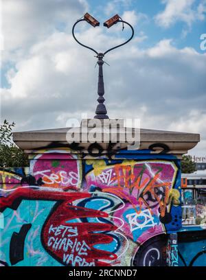Two old surveillance cameras face each other in Hackney Wick in London. Stock Photo