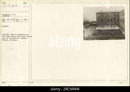 View from the main building of College St. Joseph in Virton, Belgium, looking down on the barracks of the 7th Army Corps. This photograph was taken on February 26th, 1919, during World War I. Stock Photo