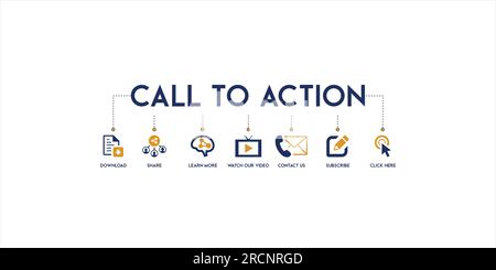 Set of vector icons - call to action with the icon of download, share, learn more, watch our video, contact us, subscribe, click here Stock Vector