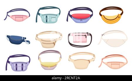 Set of stylish modern green color waist banana bag vector illustration isolated on white background Stock Vector