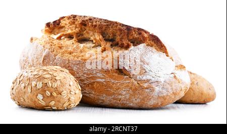 A loaf of bread and rolls isolated on white background Stock Photo