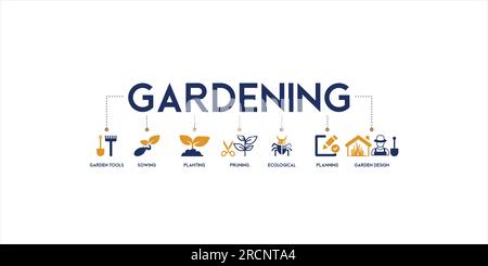 Gardening icons set and design elements vector illustration with the icon of garden tools, sowing, planting, pruning, ecological, planning and garden Stock Vector