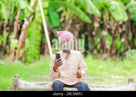 happy indian farmer. banana plant, old poor farmer , worker Stock Photo