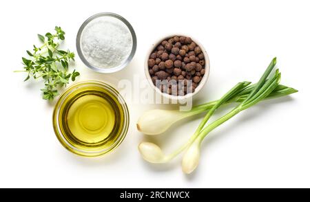 oil, salt, pepper and herbs isolated on white background, top view Stock Photo