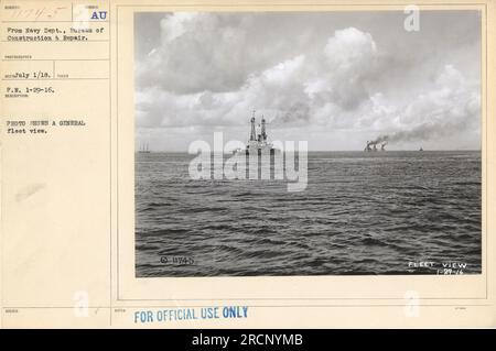 USS Alabama (BB-8) is seen in this fleet view photograph taken on January 29, 1916. The image showcases a general view of the fleet. This photo was issued by the Navy Department and is designated as Subject 11745, for official use only. Stock Photo