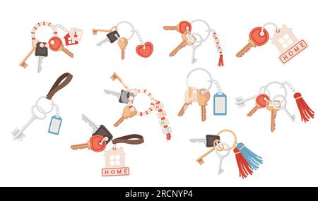 Set of steel ring home keychain with different keys vector illustration isolated on white background Stock Vector