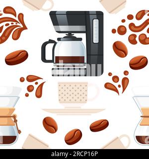 Seamless pattern coffee theme with coffee maker machine and drip brewing equipment vector illustration on white background Stock Vector