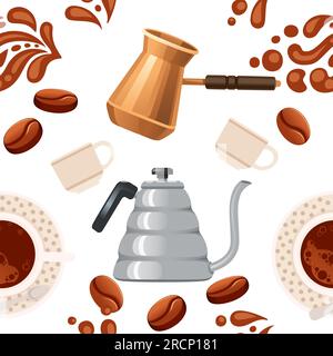 Seamless pattern coffee theme with coffee kettle and cezve vector illustration on white background Stock Vector