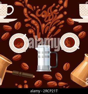 Seamless pattern coffee theme with french press coffee maker and cezve vector illustration on brown background Stock Vector