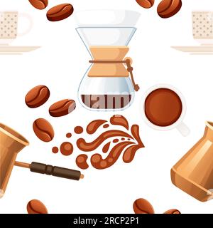 Seamless pattern coffee theme Drip Coffee Brewing with filter seeping and cezve vector illustration on white background Stock Vector