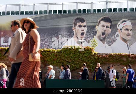 People queuing on day fourteen of the 2023 Wimbledon Championships at