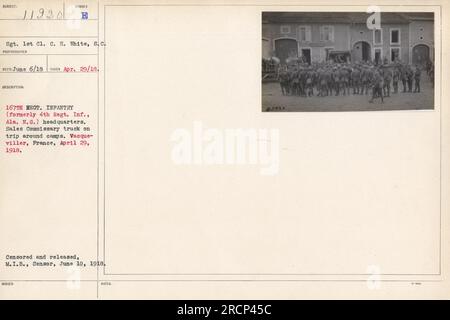 Soldiers from the 167th Regiment Infantry, previously the 4th Regiment Infantry from the Alabama National Guard, at their headquarters in Vacqueviller, France on April 29, 1918. The image shows a Sales Commissary truck on a trip around the camps. Photographer Sergeant 1st Class C.H. White took the photo. Censored and released on June 10, 1918. Image number 111-SC-11920. Stock Photo