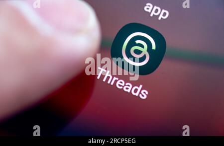 London. UK-07.07.2023. The icon for the Threads app by Meta as appear on the screen of a smart phone. Stock Photo