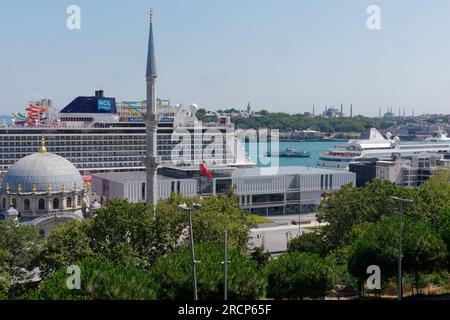 Nusretiye Mosque and a Cruise ship at Galataport in Istanbul together with Istanbul Modern, a Museum of Modern Art. Turkey. Hagia Sophia in background. Stock Photo