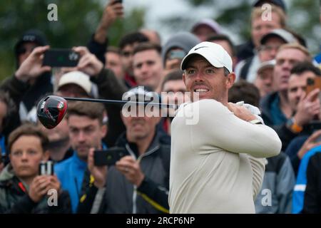 North Berwick, East Lothian, Scotland, UK. 16th July 2023. Rory McIlroy drives at the 2nd hole during final round at the Genesis Scottish Open at the Renaissance Club in North Berwick.  Iain Masterton/Alamy Live News Stock Photo