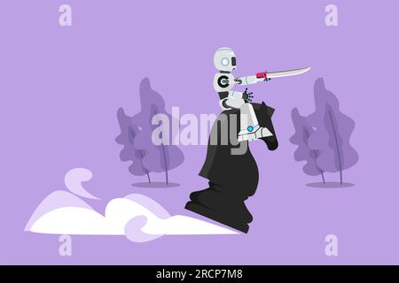 Graphic flat design drawing robot riding big chess horse knight with sword. Achievement and goal competition. Future technology development. Artificia Stock Photo
