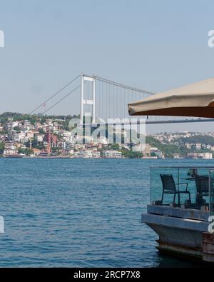 Fatih Sultan Mehmet Bridge as seen from a restaurant in Anadolu on the Asian side of , Istanbul, Turkey Stock Photo