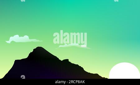 Sunrise Green Gradient Sky With Mountain and clouds. Tropical island background for presentations at schools, website, and office. RGB Stock Vector