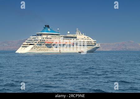 Santorini, Greece - Celestyal Cruises ship in the Aegean sea. Stock Photo