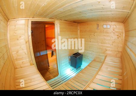 Interior of Finnish sauna, classic wooden sauna. Stock Photo