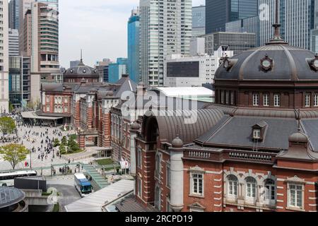 Tokyo, Japan-April 2023; High angle view of the South, North and Central Gate or Entrance of Tokyo Station on the Marunouchi side with Marunouchi Ekim Stock Photo