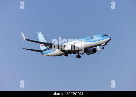 TUIfly Boeing 737-8K5 (Reg: D-ATUR) on finals runway 31. Stock Photo