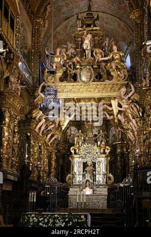 Botafumeiro incense burner thurible hanging in front of the main altar traditionally used in the Pilgrim's Mass Santiago de Compostela Galicia Spain Stock Photo