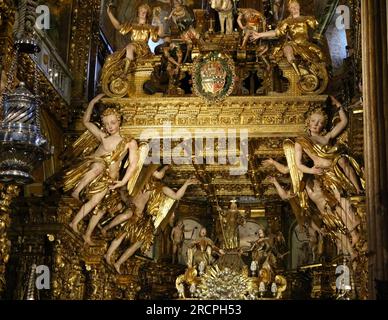 Sculptures above the altar with angels Santiago de Compostela Archcathedral Basilica Santiago de Compostela Galicia Spain Stock Photo