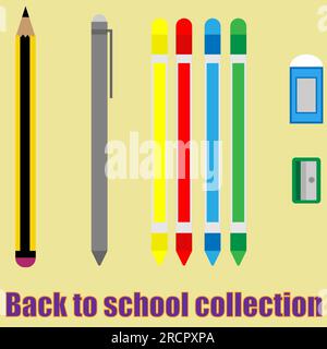 Back to school collection. Includes pencil, pen, eraser, sharpener and crayon colors, suitable for sign and banner and printing tool, stationary Stock Photo