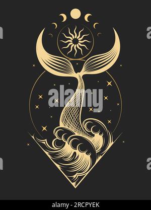Esoteric Cosmology Emblem of Fish Tail Splash Out of Ocean Waves and Moon Magic isolated on white. Vector illustration Stock Vector